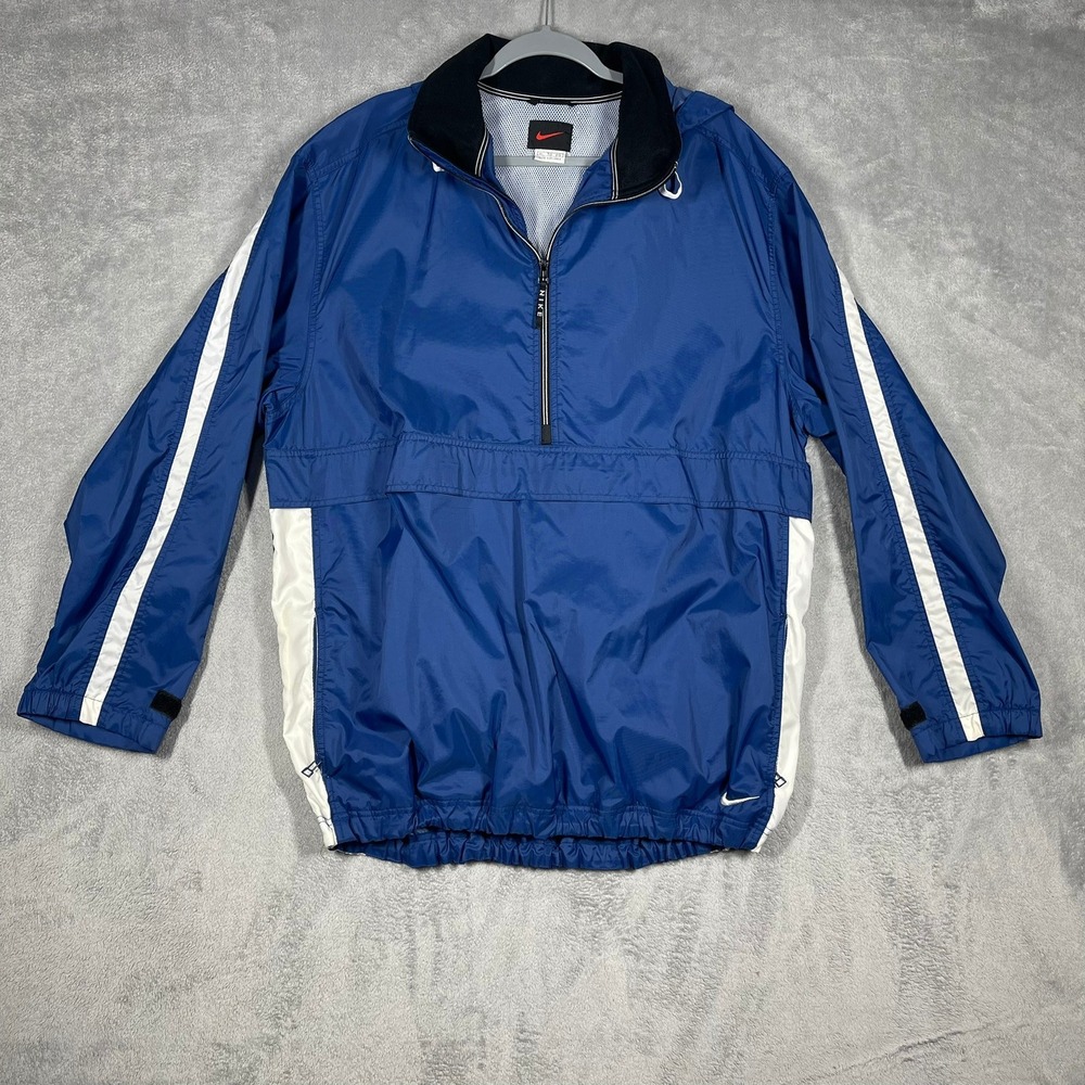 Vintage Nike Windbreaker Jacket Mens XL Blue White Hooded Anorak Pullover
